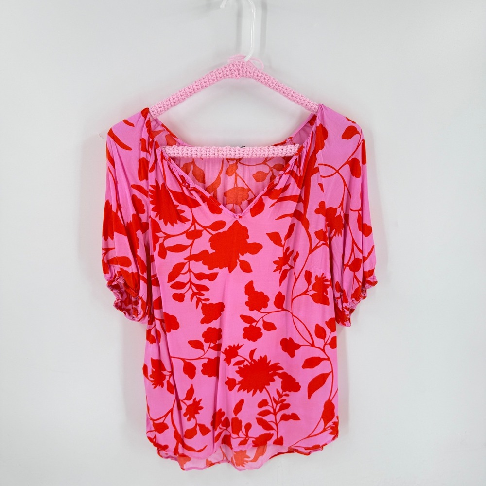 Talbots Floral‎ V-Neck Blouse Pink Red MP Petite Puff Sleeve Viscose Top Vibrant